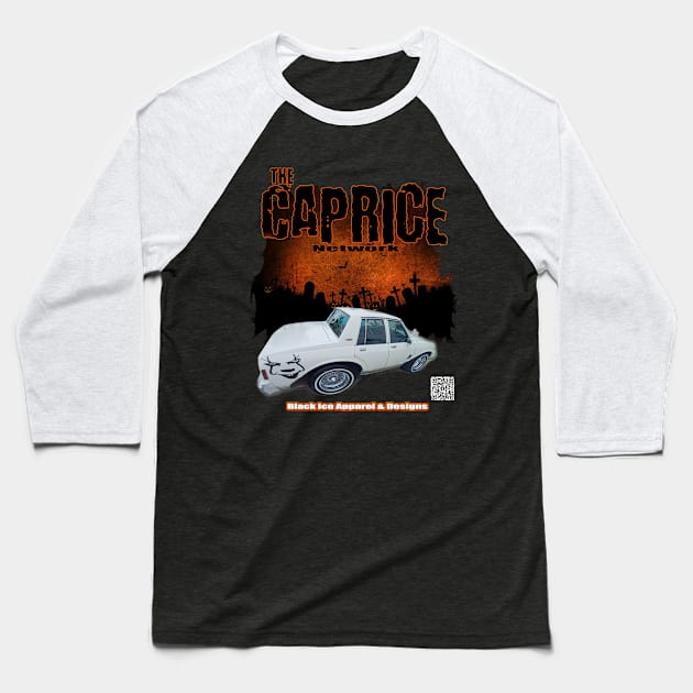 The Caprice Network Spooky Graveyard Boo Box Halloween Baseball T-Shirt by Black Ice Design